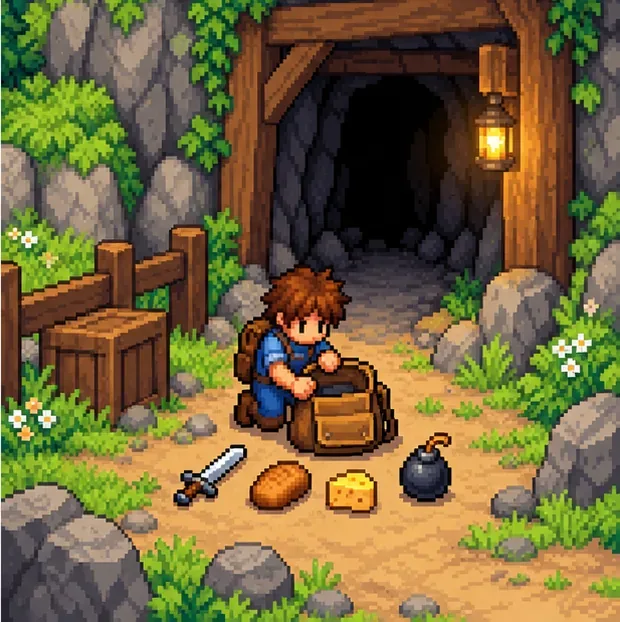 A farmer packs a sword, bread, cheese, and a bomb outside a cave.
