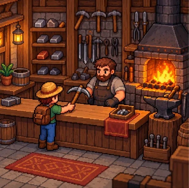 A farmer presents a pickaxe at a blacksmith's counter beside a hot forge.