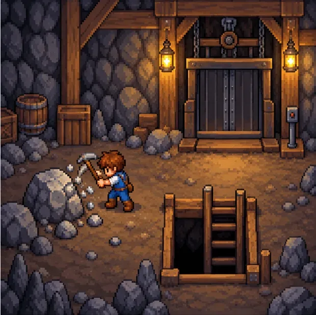 A farmer breaks a mine rock beside a ladder and an elevator door.