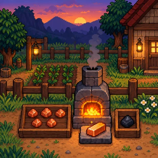 Five copper ore pieces and coal sit beside a glowing furnace and a copper bar.