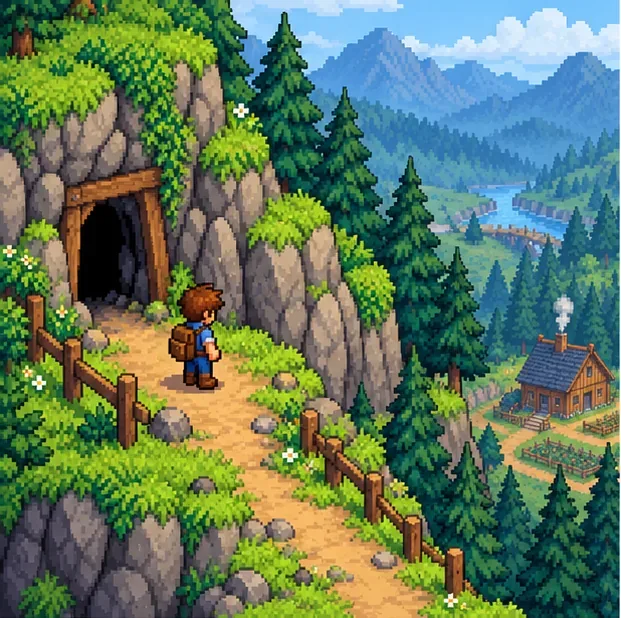 A farmer approaches a cave entrance on a mountain path.