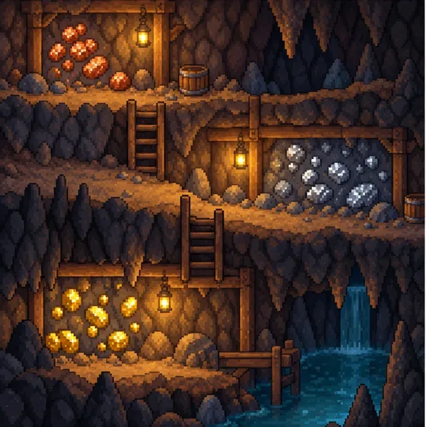 Copper, iron, and gold ore nodes appear at different underground levels.