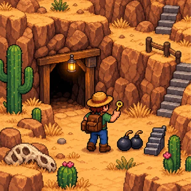 A farmer holds a key at a desert cavern entrance with bombs and stone staircases.
