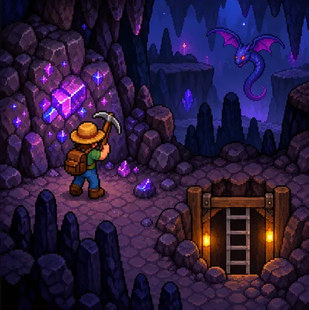 A glowing purple ore node and a flying serpent appear in a deep cavern.