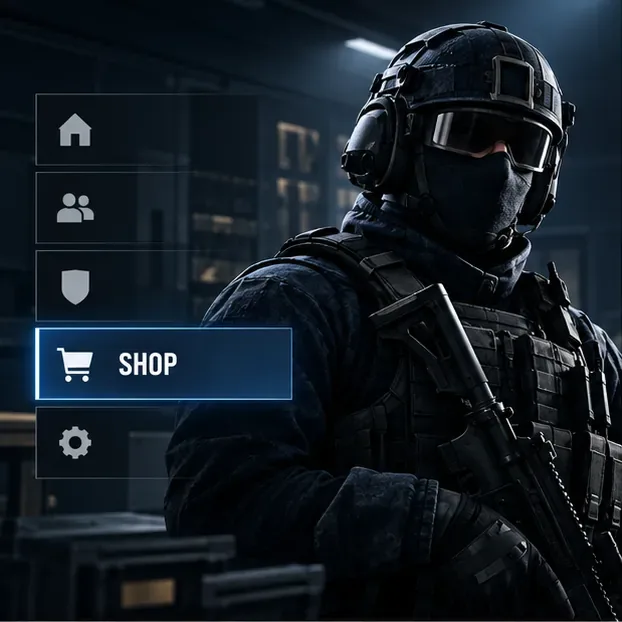 Conceptual illustration of a dark tactical game main menu with the Shop button selected; it is not a live Rainbow Six Siege screenshot.