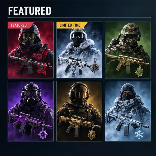 Conceptual dark storefront grid with six cosmetic bundle cards and Featured and Limited Time labels; not a live Siege store screen.