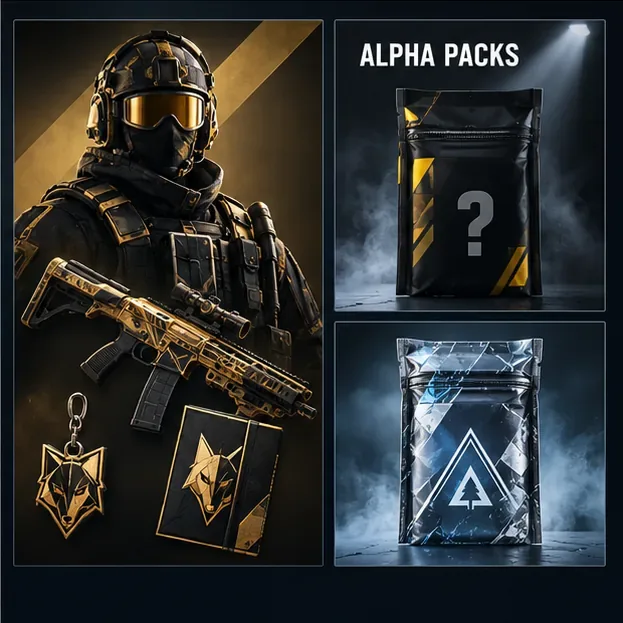 Conceptual cosmetic preview beside a sealed Alpha Pack and a separate event pack, showing the difference between choosing an item and opening a random pack.
