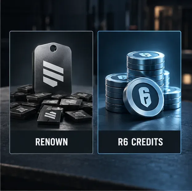 Conceptual comparison of two store currency cards labeled Renown and R6 Credits, with different symbols and no prices.
