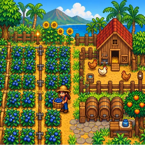 A farmer harvesting blue berries beside a chicken coop and a row of processing machines