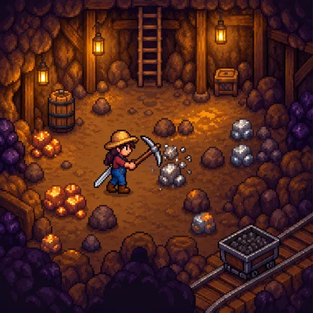 A farmer mining ore in a lantern-lit cave with a mine ladder and minecart nearby
