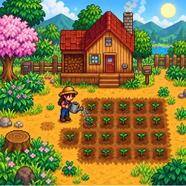 A farmer watering a small patch of spring seedlings beside an early-game farmhouse