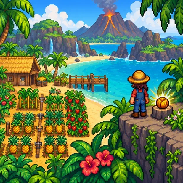 A farmer overlooking a tropical island farm, distant volcano, crops, and a golden walnut