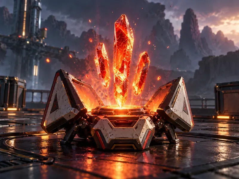 Um contêiner de saque futurista se abre e libera fragmentos cristalinos vermelho-alaranjados brilhantes em um cenário escuro semelhante a uma arena.