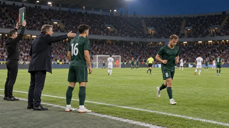 Een coach gebaart vanaf de zijlijn terwijl een speler het veld verlaat en een wisselspeler zich klaarmaakt om erin te komen.