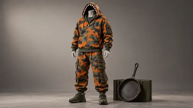 Orange and dark green camouflage outfit on a mannequin beside a frying pan and supply crate, shown as an editorial concept rather than an official PUBG MOBILE skin
