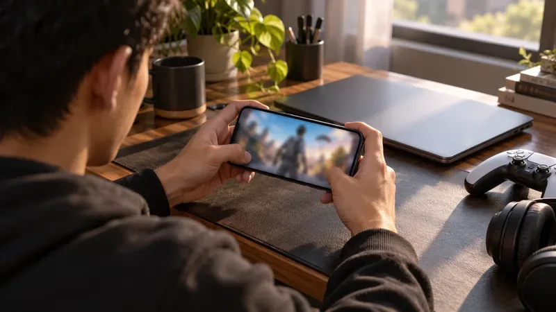Player holding a smartphone with a blurred game screen while checking for a possible event announcement