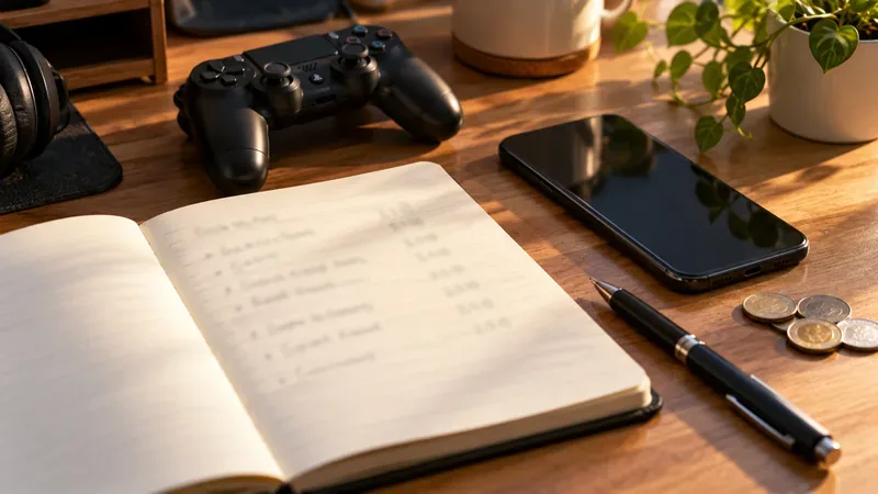 Notebook with blurred spending notes beside a smartphone, coins, pen, and game controller for planning a cosmetic budget