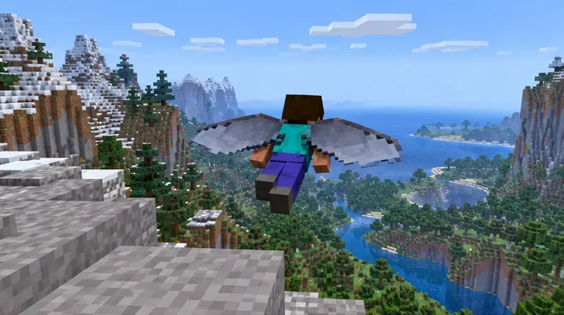 A player wearing Elytra glides from a snowy mountain ledge over a river valley.