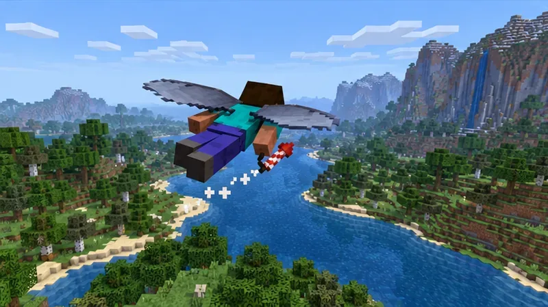 A gliding player uses a firework rocket above an open river valley.
