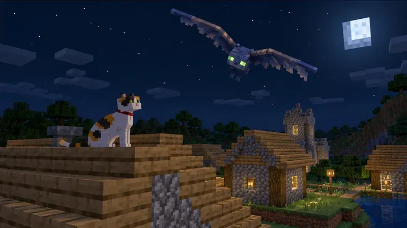 A phantom circles above a village roof where a tamed cat sits at night.