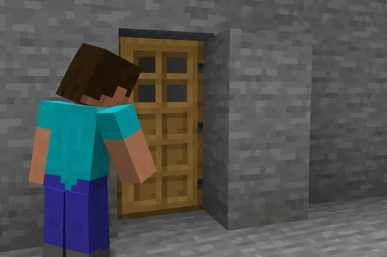 A player inspecting a standard wooden door set into a stone doorway
