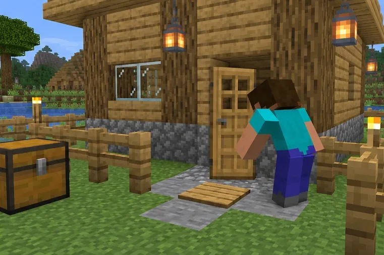 A player inspecting a wooden house door and pressure plate beside a chest