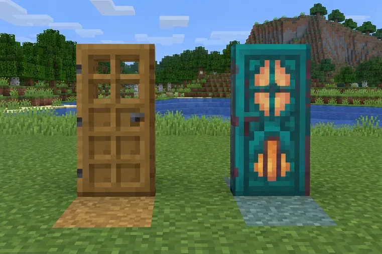 A plain wooden door beside a visibly different custom door in a Minecraft-style world