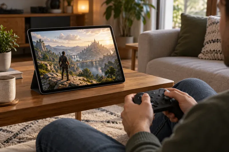 A tablet on a coffee-table stand displays an adventure game while a player holds a wireless controller.
