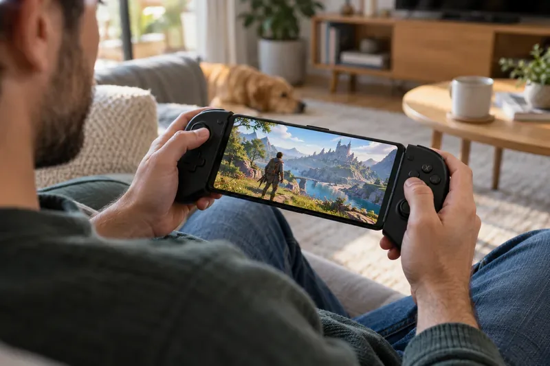 A player holds a smartphone in a telescopic game controller while sitting on a sofa.