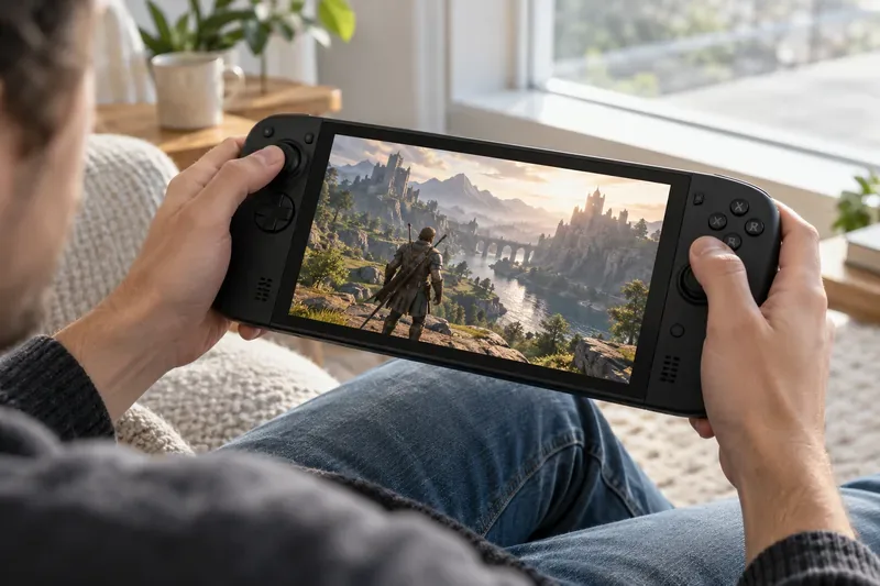 A player holds a black handheld gaming PC with integrated controls in front of a bright window.