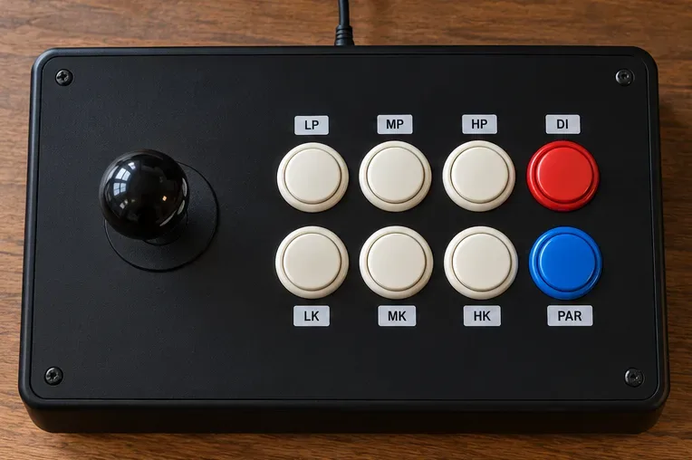 Black arcade stick with six ivory attack buttons, a red DI button at top right, and a blue PAR button at bottom right.