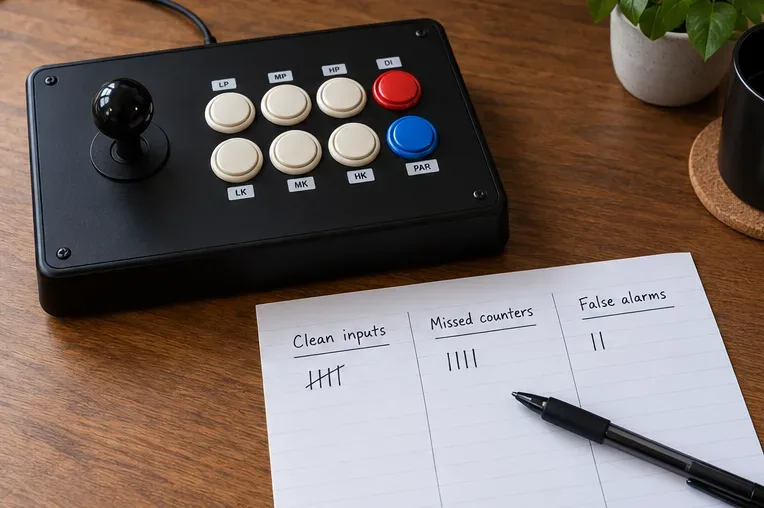 Arcade stick beside a paper tally sheet labeled Clean inputs, Missed counters, and False alarms, with a black pen.