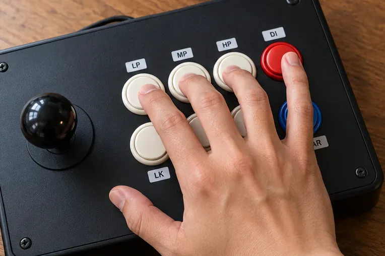 Right hand spread over the top row of an arcade stick, with the pinky resting on the red DI button and the thumb below the buttons.