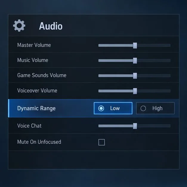Painel ilustrativo de configurações de áudio escuras com a faixa dinâmica definida como Baixa e controles deslizantes de volume separados.