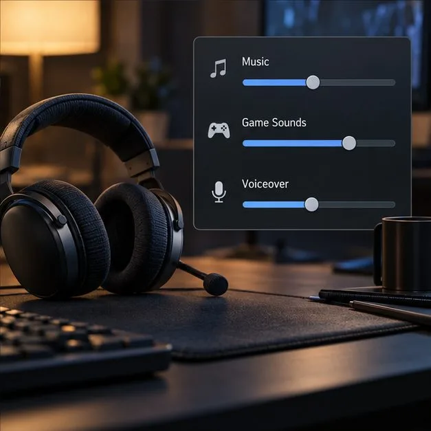 Fone de ouvido ao lado de um painel simples com controles deslizantes separados para Música, Sons do Jogo e Narração.
