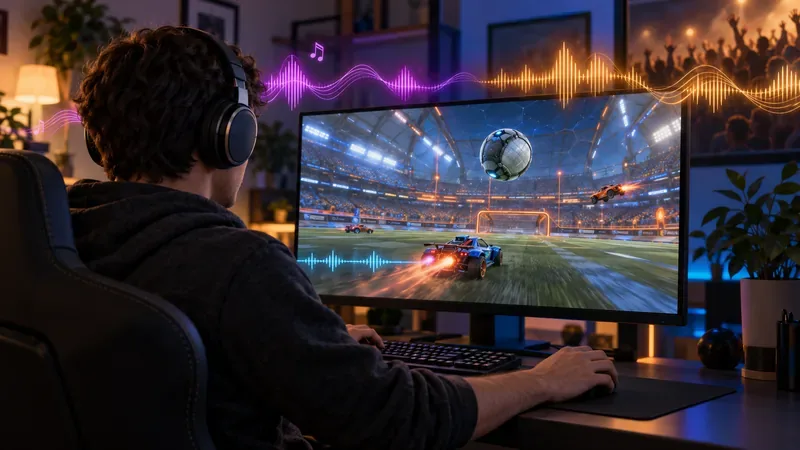 Een speler met een stereokoptelefoon kijkt naar een auto-voetbalwedstrijd, waarbij subtiele geluidsgolven suggereren dat muziek en spelgeluiden om de aandacht strijden.