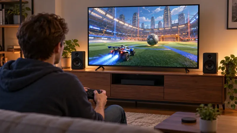 Een speler zit voor een autovoetbalspel met twee kleine stereoluidsprekers aan weerszijden van het scherm, gericht op de stoel.