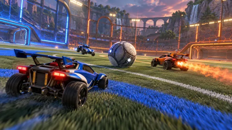In een auto-voetbalarena komen blauwe en oranje auto's op elkaar af en naderen de bal, waarbij de oranje auto een boostspoor achterlaat.