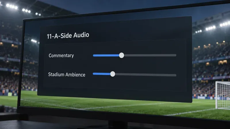 Illustrative audio settings panel with Commentary set around the middle and Stadium Ambience lower for a quieter match mix.