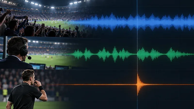 Three football audio layers shown as waveforms: steady crowd noise, commentary, and a short referee whistle cue.