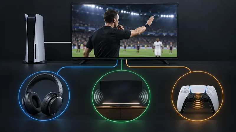 A console and football match display connected to a headset, television speakers, and a controller speaker.