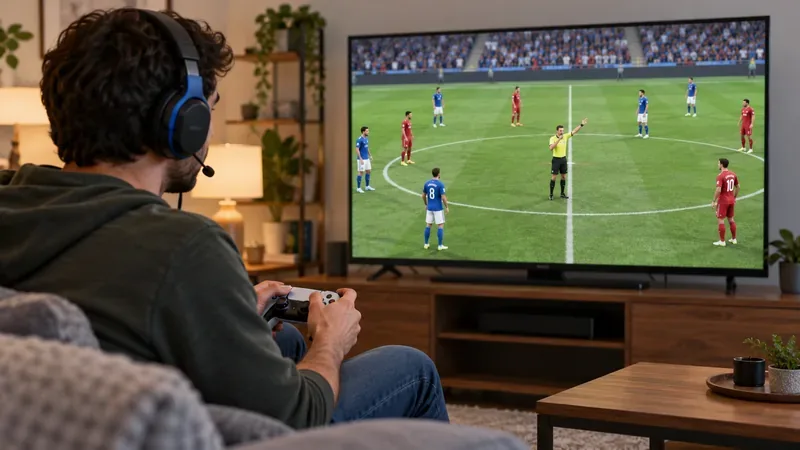 A player wearing a headset tests match audio while a referee pauses play on the football game display.