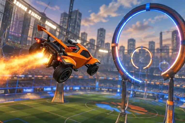 Oranje raketauto die met hoge snelheid door een cirkelvormig trainingsparcours boven een stadionveld raast.