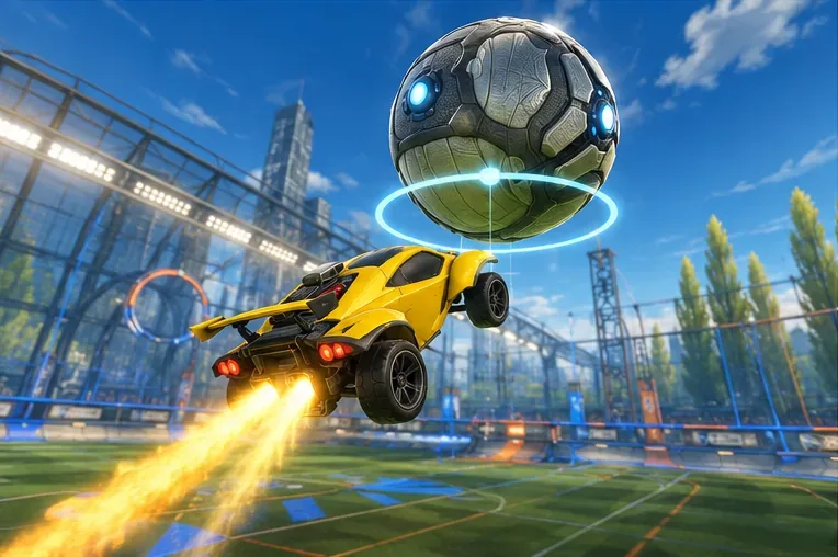 Een gele raketauto nadert een zwevende voetbal met een lichtgevende uitlijnring onder de bal.
