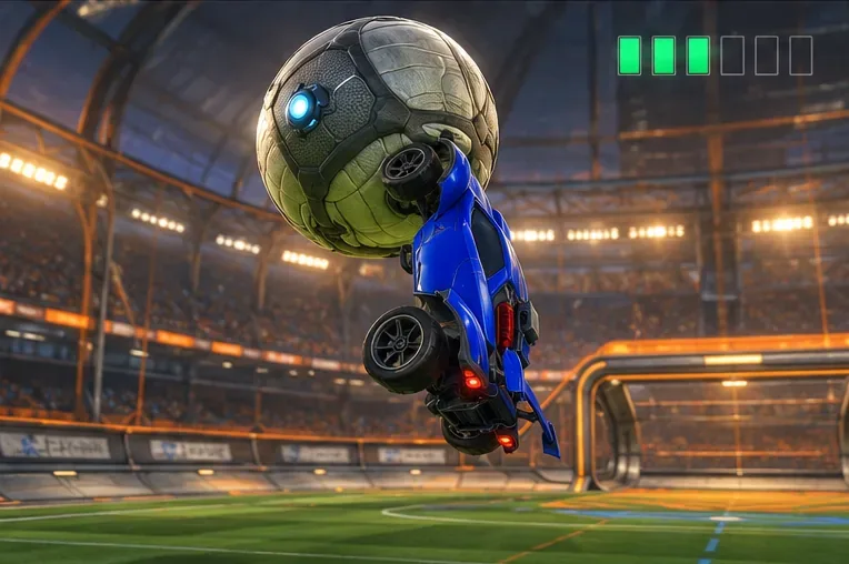 Een auto met een blauwe raketmotor drukt zijn onderkant tegen een voetbal in de lucht, vlakbij een doel in een stadion.