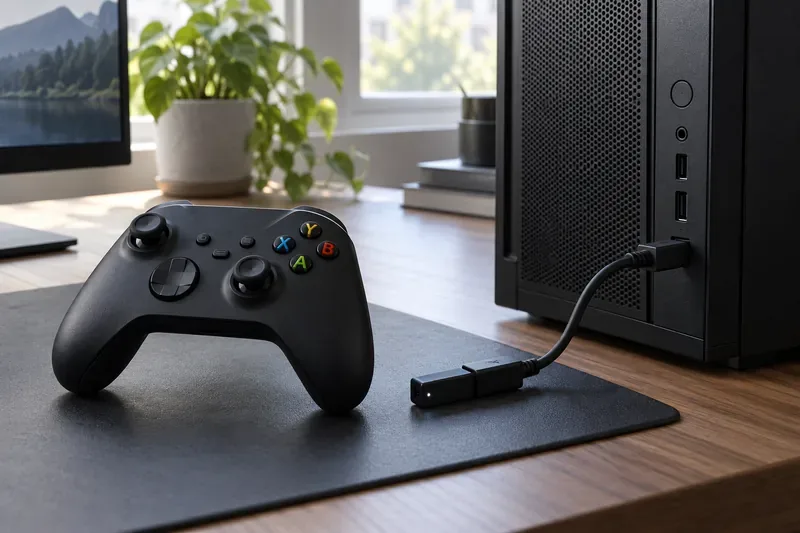 An Xbox-style controller beside a desktop PC, with a small USB Bluetooth receiver on an extension cable