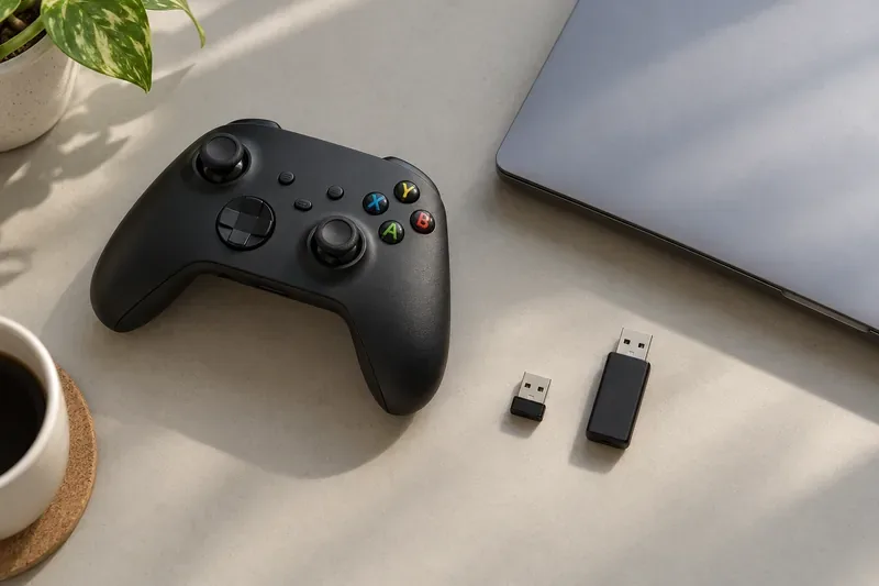 A compact USB Bluetooth adapter and a larger wireless receiver beside a controller and laptop