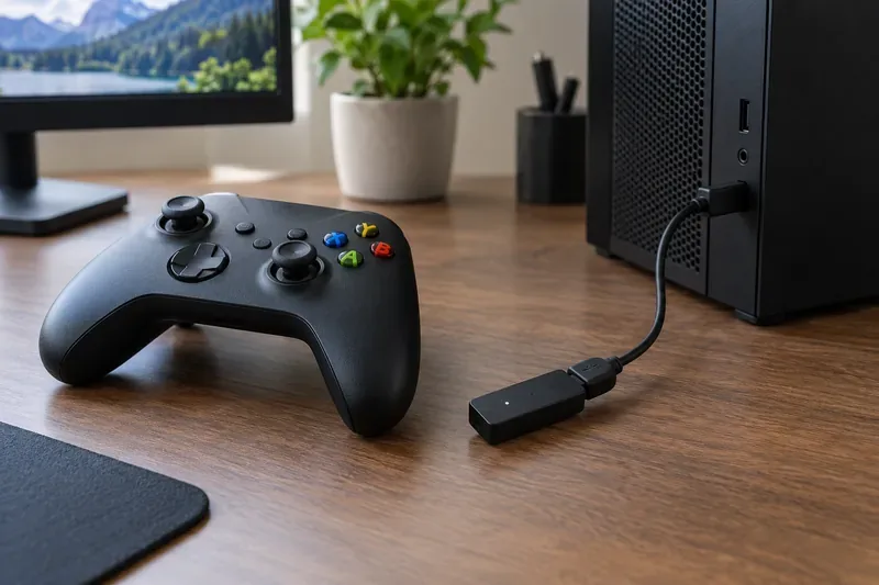 A USB Bluetooth receiver connected by an extension cable and placed on a desk away from the desktop PC