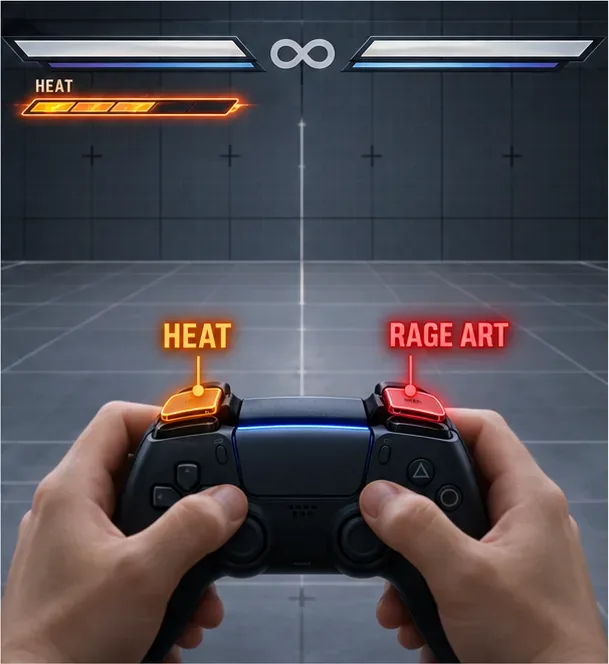 Speler met een controller in een neutrale trainingsmodus, met aparte oranje Heat- en rode Rage Art-schouderinputs en een zichtbare Heat-meter.