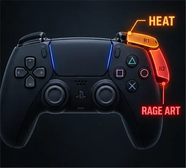 Controller in PlayStation-stijl met R1 gemarkeerd voor Heat en de aparte R2-trigger gemarkeerd voor Rage Art.